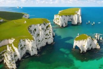 aerial view of limestone cliffs and stacks