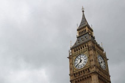 Elizabeth Tower with Big Ben clock face against cloudy sky.